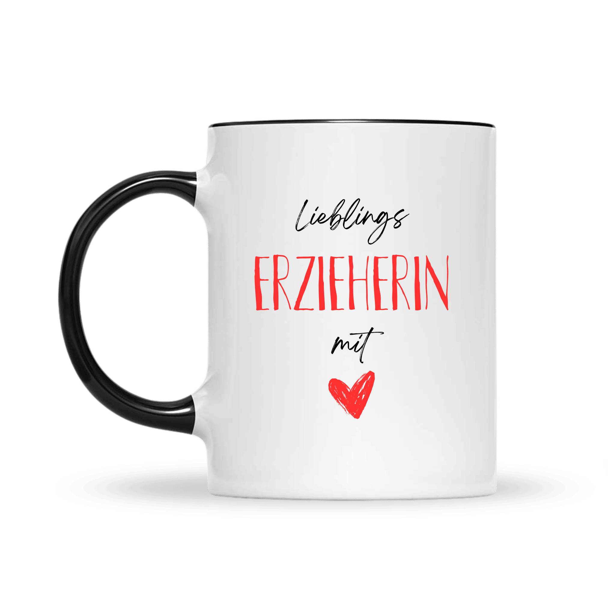 Weiße Tasse mit schwarzem Henkel und Rand, verziert mit dem Spruch „Lieblings Erzieherin mit Herz“ in schwarz-roter Schrift und Herzsymbol.