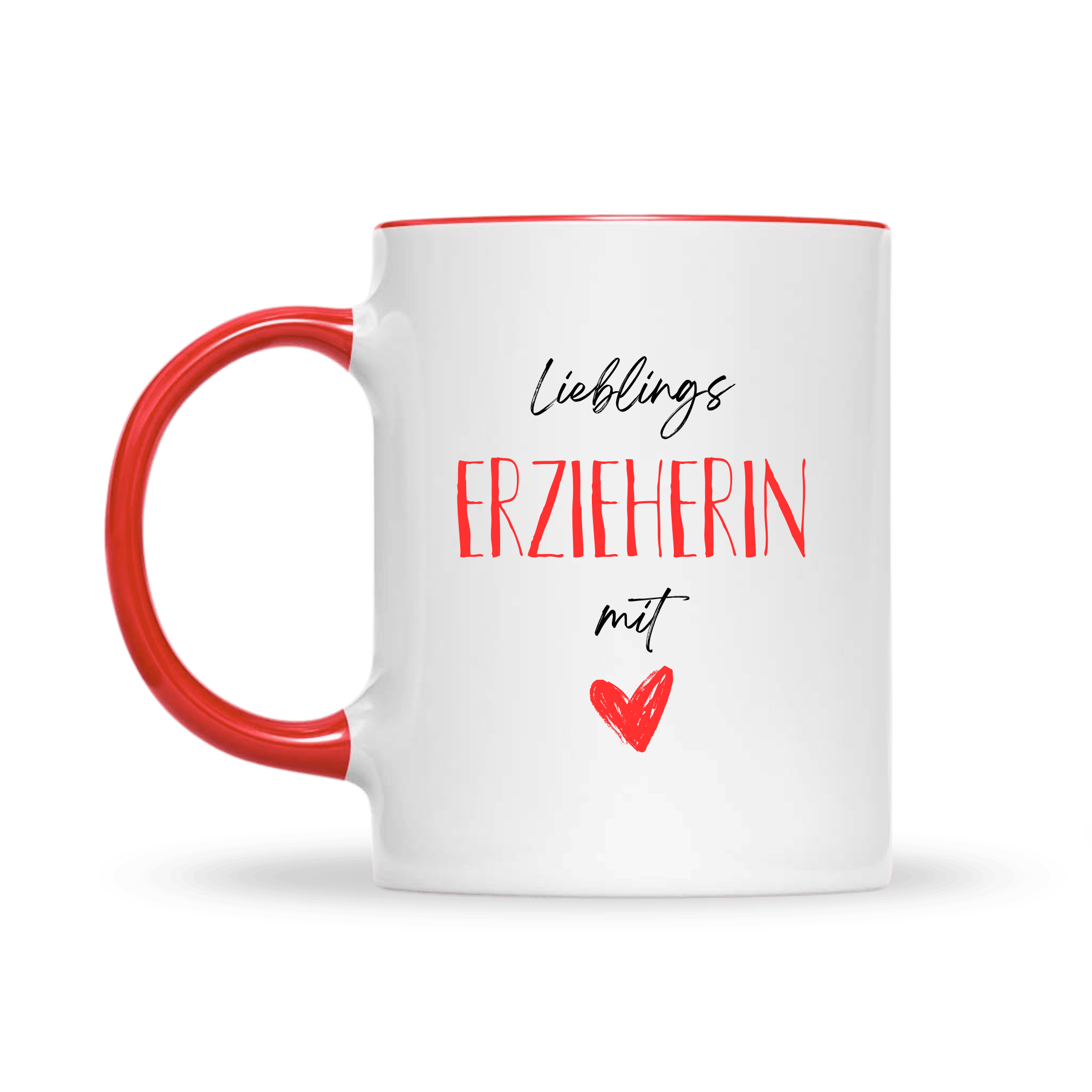 Weiße Tasse mit rotem Henkel und rotem Rand, bedruckt mit „Lieblings Erzieherin mit Herz“ und gezeichnetem roten Herz – Geschenk für Erzieherinnen.
