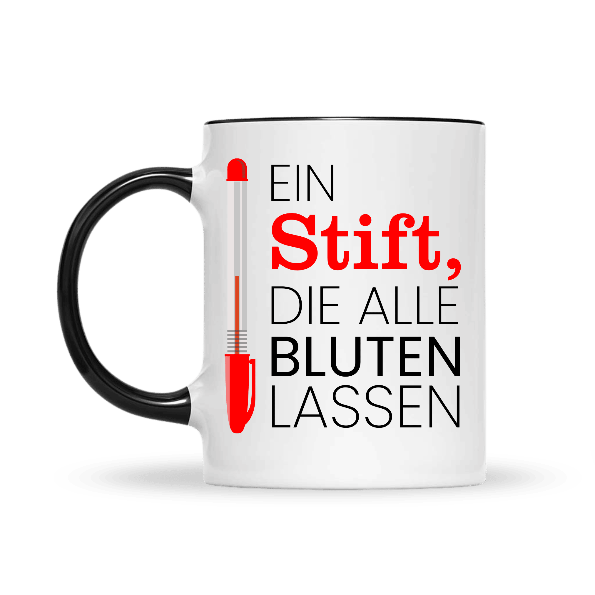 Weiße Kaffeetasse mit schwarzem Griff und Rand, bedruckt mit rotem Kugelschreiber und witzigem Lehrerspruch – perfektes Geschenk für Lehrer.