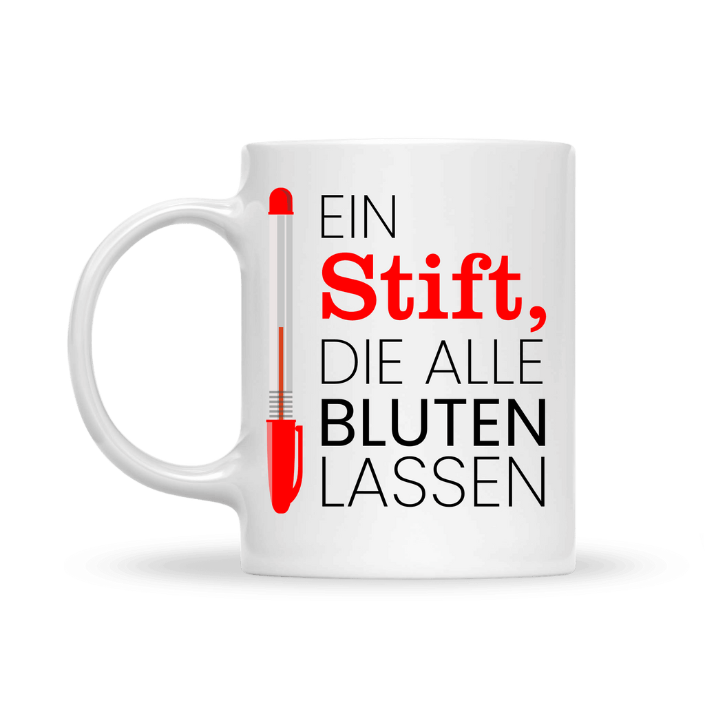 Weiße Keramiktasse mit rotem Kugelschreiber und dem witzigen Spruch „Ein Stift, die alle bluten lassen“ – perfektes Lehrergeschenk.