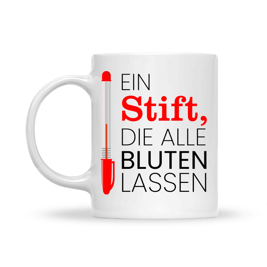 Weiße Keramiktasse mit rotem Kugelschreiber und dem witzigen Spruch „Ein Stift, die alle bluten lassen“ – perfektes Lehrergeschenk.