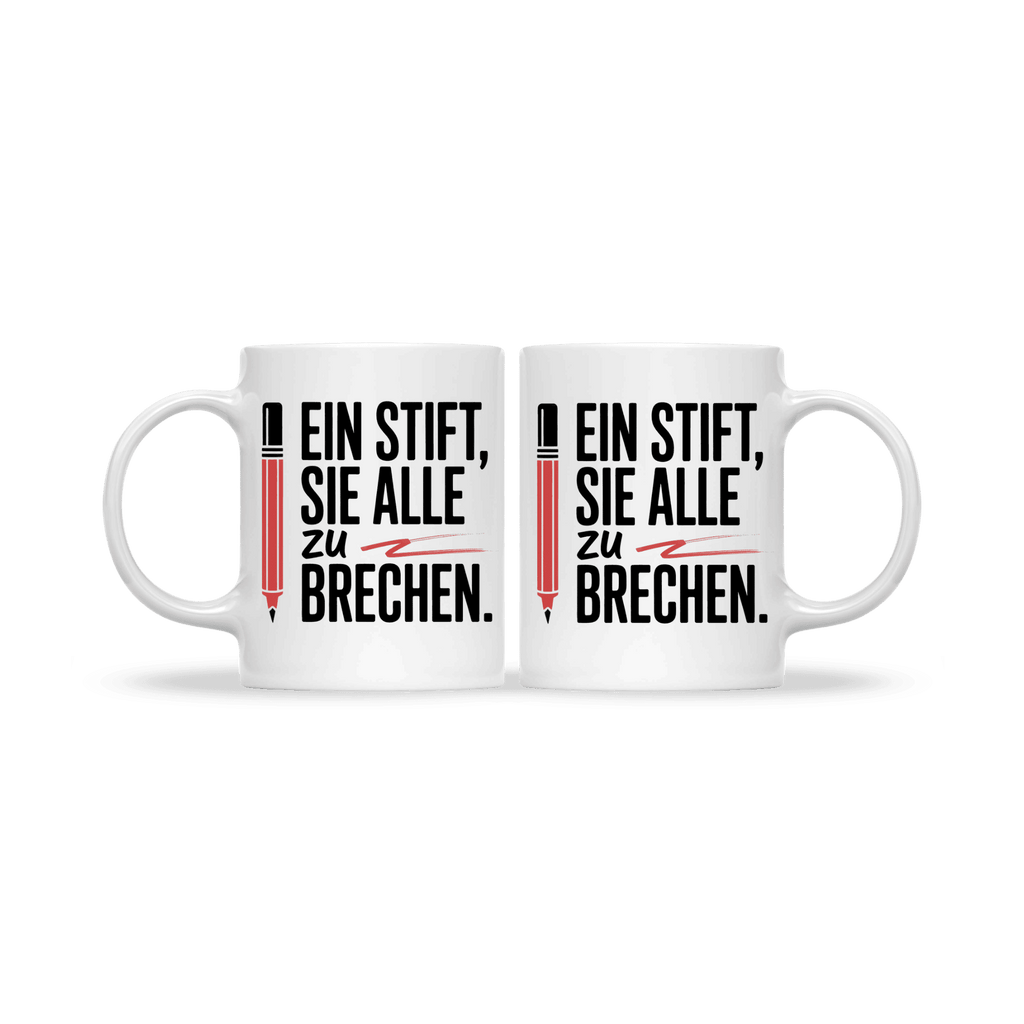 Zwei nebeneinander stehende Lehrertassen mit dem Spruch „Ein Stift, sie alle zu brechen“ und rotem Stiftmotiv, Geschenkidee für Lehrer.
