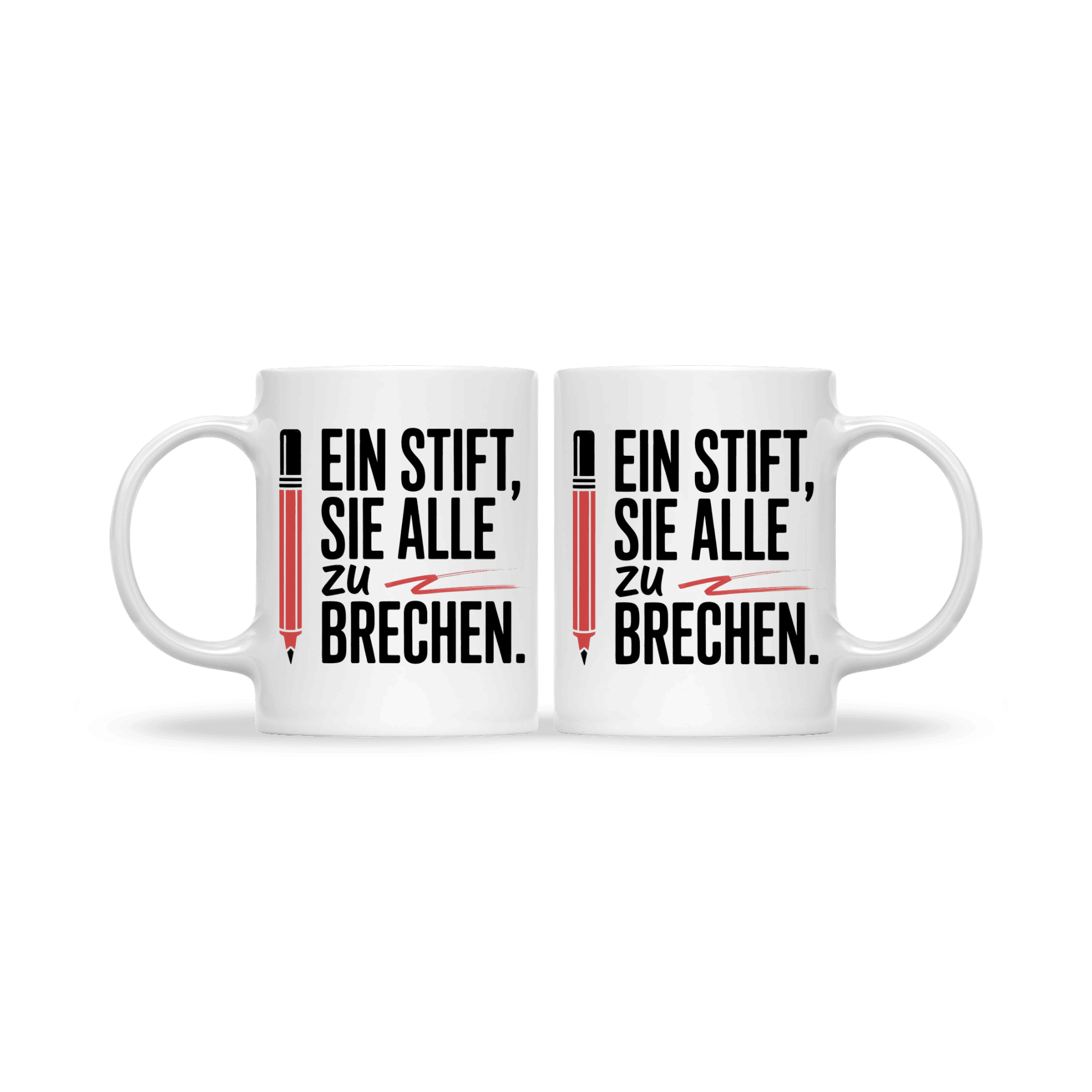 Zwei nebeneinander stehende Lehrertassen mit dem Spruch „Ein Stift, sie alle zu brechen“ und rotem Stiftmotiv, Geschenkidee für Lehrer.