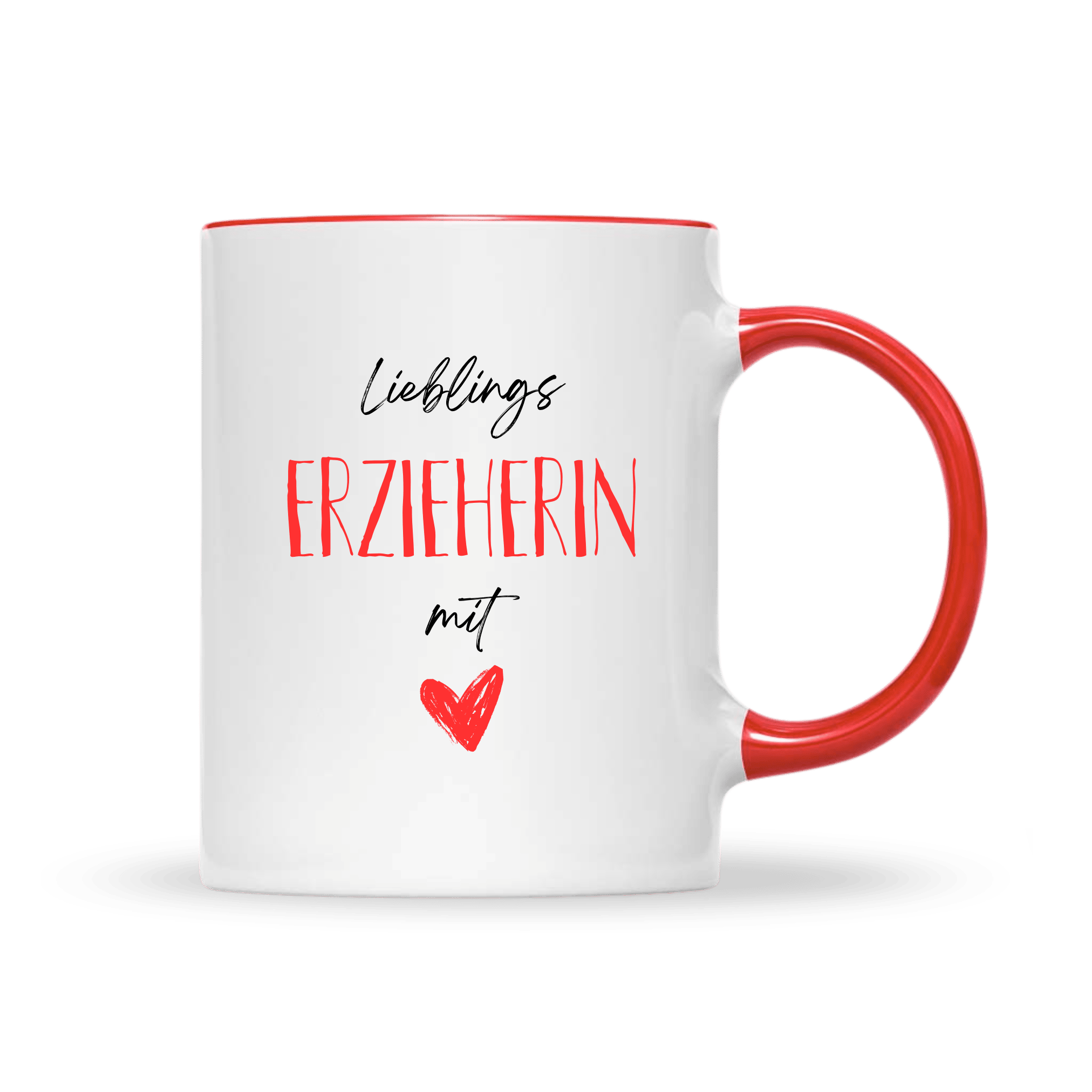 Weiße Keramiktasse mit rotem Henkel und roter Innenfarbe, bedruckt mit dem Text „Lieblings Erzieherin mit Herz“ und einem roten Herzmotiv – ideales Geschenk für Erzieherinnen.