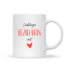 Schlichte weiße Keramiktasse mit Aufdruck „Lieblings Erzieherin mit Herz“ in schwarzer und roter Schrift und Herzsymbol.