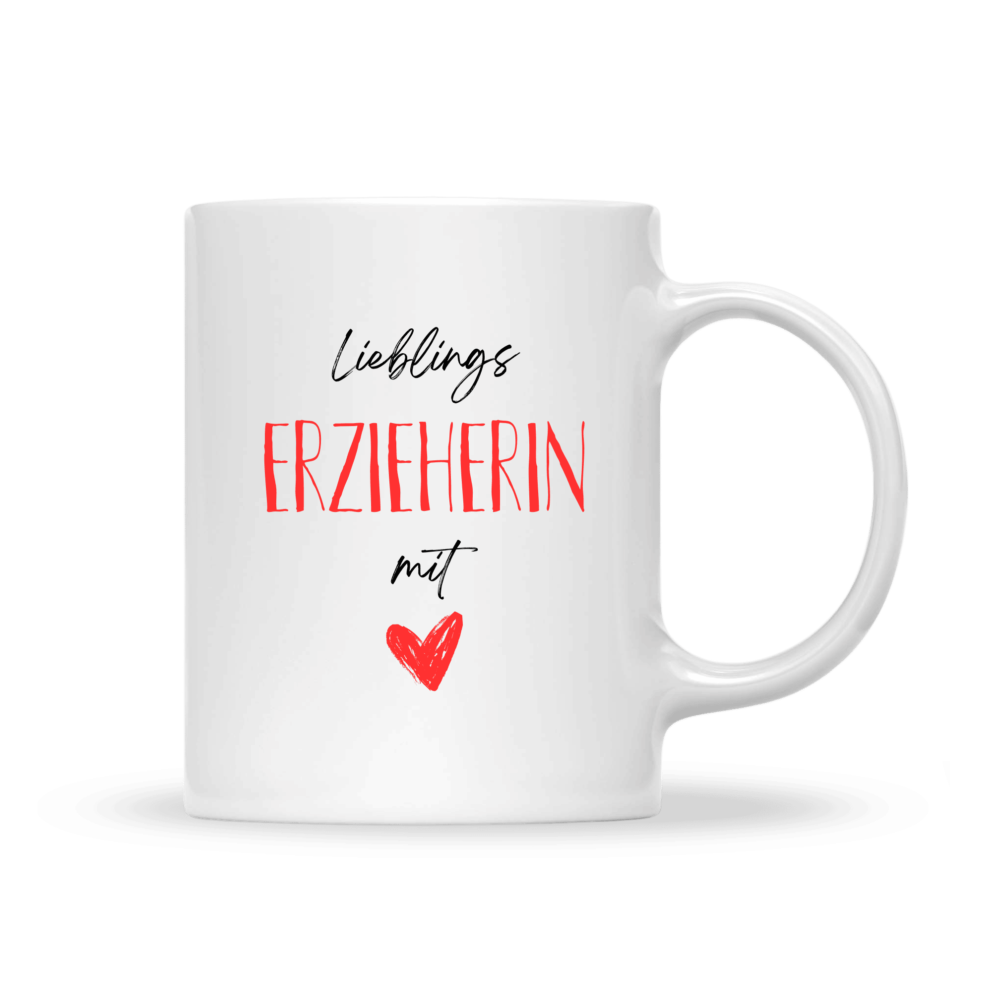 Schlichte weiße Keramiktasse mit Aufdruck „Lieblings Erzieherin mit Herz“ in schwarzer und roter Schrift und Herzsymbol.