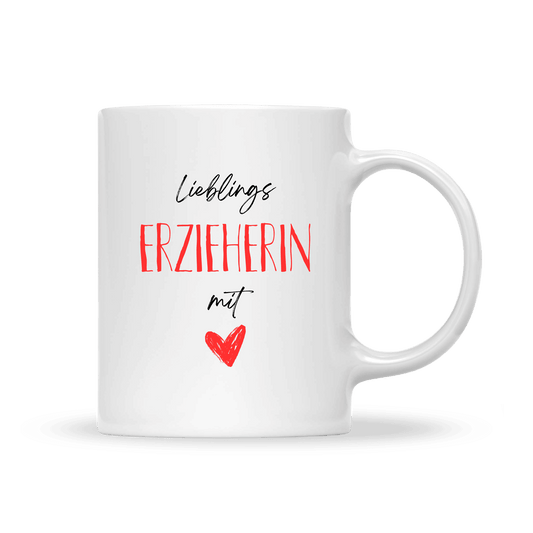 Schlichte weiße Keramiktasse mit Aufdruck „Lieblings Erzieherin mit Herz“ in schwarzer und roter Schrift und Herzsymbol.