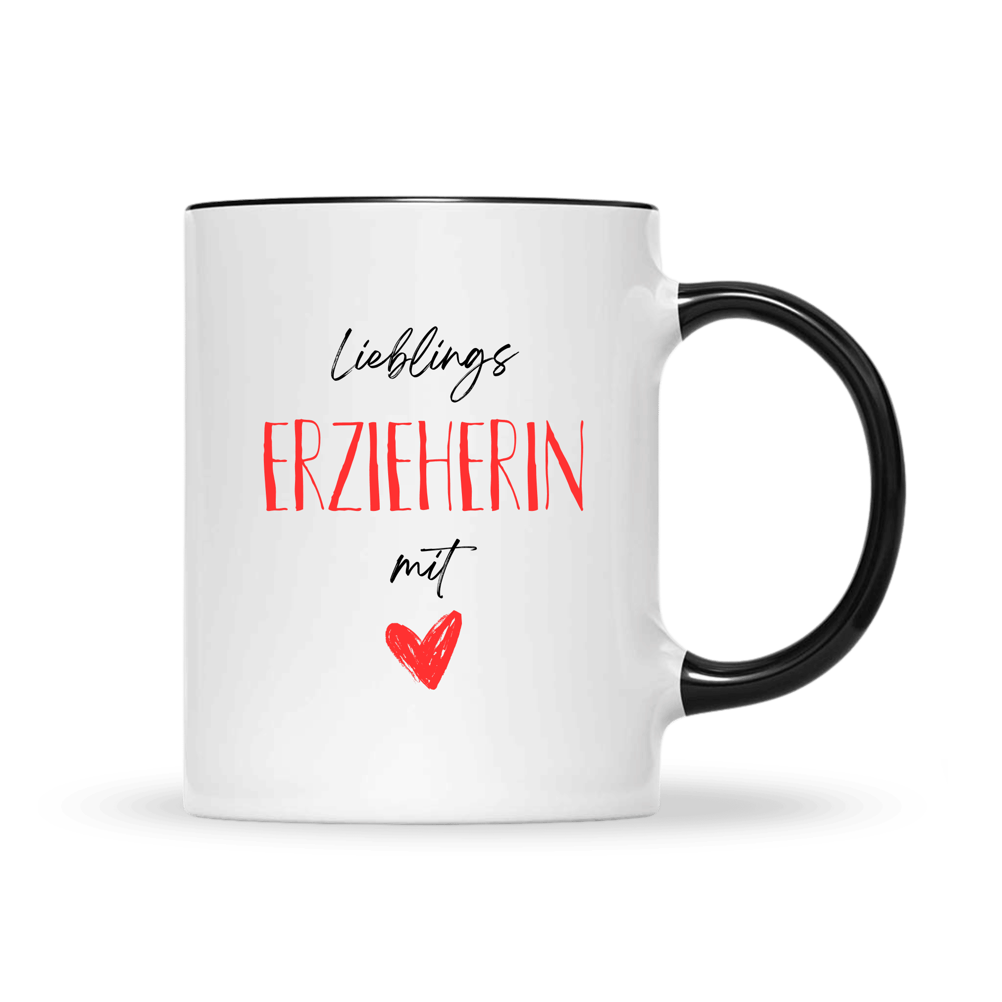 Weiße Kaffeetasse mit schwarzem Griff, Aufdruck „Lieblings Erzieherin mit Herz“ und rotem Herz – perfekt für Erzieherinnen.